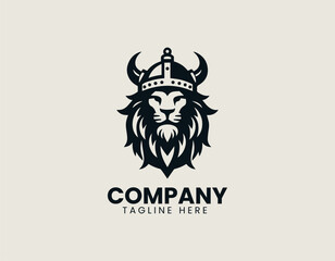 Fototapeta premium Majestic lion wears viking helmet forming powerful symbolic black vector logo design