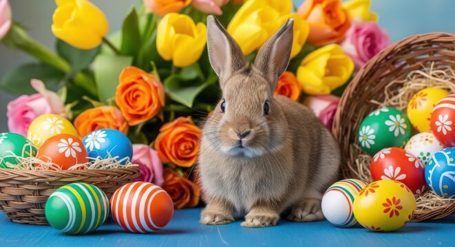 Cute easter bunny with colorful eggs and flowers, celebrating spring holiday