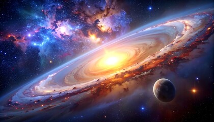 Swirling galaxy with bright core, spiral arms, and distant planet amidst colorful nebulous clouds of stardust