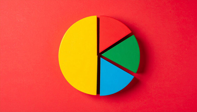 Top-down view of pie chart with 4 distinct segments, red background, infographics, data visualization