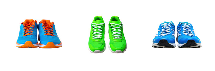 Three pairs of athletic shoes isolated on transparent background