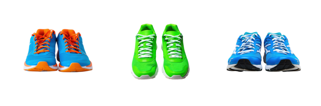 Three pairs of athletic shoes isolated on transparent background