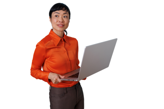 Asian businesswoman holding a laptop, looking and thinking, planning future success, isolated on transparent background