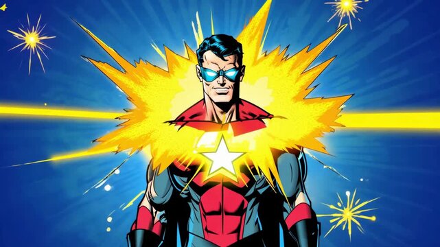 Comic Superhero Character Animation with Glowing Chest Burst. Pop Art Action Motion Graphics for Intros and Trailers.