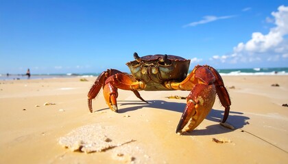 A crab with orange claws sits on a sandy beach. The sky is bright blue, and the ocean is visible in the background