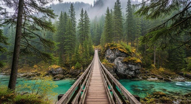 Wooden suspension bridge over a turquoise river in a lush green forest with misty mountains - Powered by Adobe