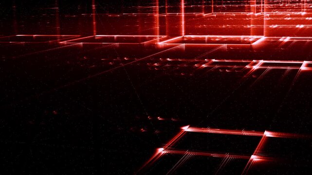 Leuchtende gitterf&ouml;rmige Geometrie f&uuml;r Technologie, Energie, Produktion & Datentransfer &ndash; moderne Architektur, Planung & Sicherheit visualisiert, rot
