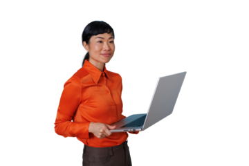 Confident asian businesswoman holding an open laptop, smiling while looking away, standing on a transparent background