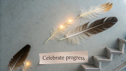 Feathers aligned like a staircase with glowing lights and text