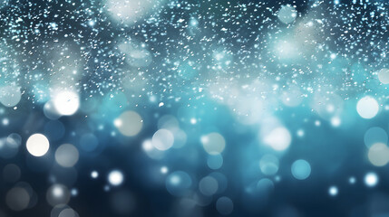 Blue bokeh texture shows blurred lights and water droplets for holiday posters or product displays.