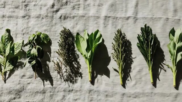 Row of various fresh culinary herbs laid out on a surface, including rosemary, thyme, mint, sage, basil and oregano.