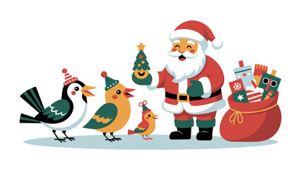 Festive Santa Claus and chirping bird at Christmas : Santa Claus and a group of happy birds, bringing the joy of Christmas. the charm of the holiday, inviting viewers to revel in its enchantment.