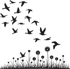 Tree Silhouette with Flying Birds Above Grass Field in Elegant Minimal Nature Artwork