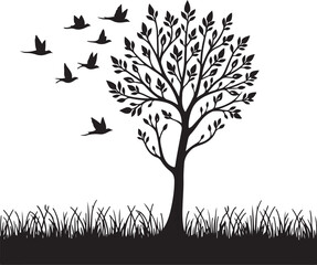Decorative Floral Tree Silhouette with Leaves and Flowers on Grass Hill Illustration