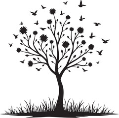 Tree Silhouette with Birds Dispersing into the Sky Over Grass Hill Nature Scene