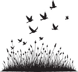 Tree Silhouette with Birds Dispersing into the Sky Over Grass Hill Nature Scene