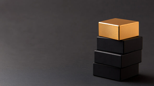 A minimalist shot featuring a stack of sleek, black rectangular blocks topped with a single, gleaming gold block, standing out against a dark gray backdrop. Symbolizing success.