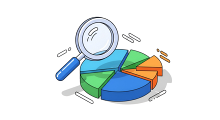 3d icon of hand drawn pie chart with magnifying glass for data analysis and business research concept