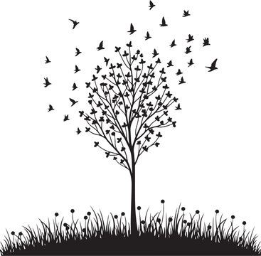 Large Shaded Tree Silhouette with Flying Birds and Grass Field in Scenic Landscape