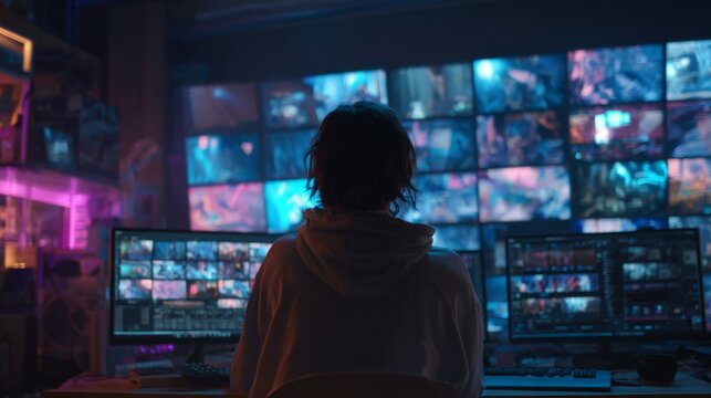 Dynamic Adult Streaming Experience with Multiple Screens and Ambient Lighting in a Modern Setup