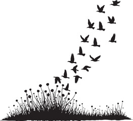 Leafy Tree Silhouette with Flock of Birds in Flight over Grass Hill Nature Scene