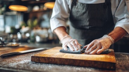 Chef Assistant Preparing a Clean Cutting Board with Utensils in a Cozy Kitchen Environment