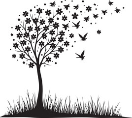 Decorative Floral Tree Silhouette with Flying Birds and Grass in Elegant Nature Artwork