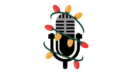 Festive Audio: A vintage microphone is artfully adorned with colorful string lights, embodying holiday cheer and musical delight.