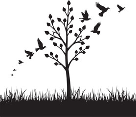Obraz premium Decorative Floral Tree Silhouette with Flying Birds and Grass in Elegant Nature Artwork