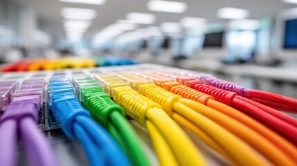 Rows of brightly colored network patch cables are connected in a data center or office environment