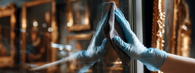 Polishing Glass Display Case in Art Gallery with Focus on Cleaning Technique and Attention to Detail