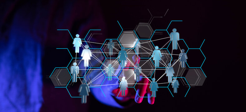 Connecting through digital network concept. A hand touches digital humans icons connected by lines.