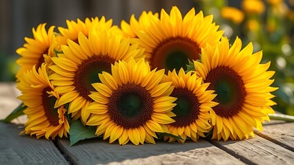 Sunflowers resting on weathered wood, bathed in warm golden sunlight with a softly blurred background.