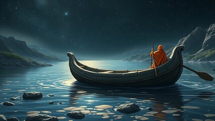 Primitive stone boat drifting on an ancient shimmering river beneath a star-filled night sky.