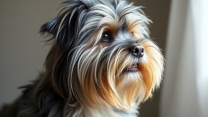 Tibetan terrier with fluffy coat, portrait with natural side lighting.