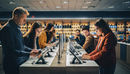 Diverse customers at a bright, modern electronics store testing laptops, tablets, and smartphones, representing retail technology and shopping.