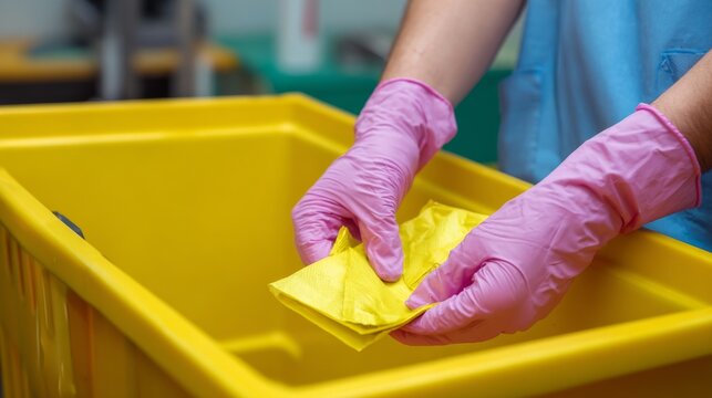 Medical Waste Disposal Using Gloved Hands for Safe Handling and Environmental Protection in Clinical Settings