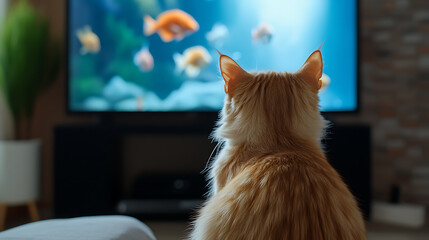 A ginger cat is engrossed in watching a television screen displaying an animated aquarium scene, its back facing the viewer, set in a cozy, modern living space, captivated by the screen.