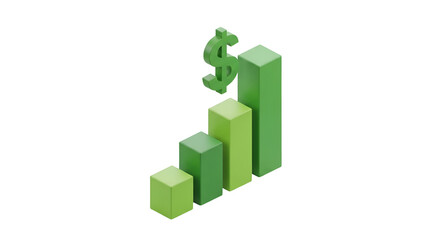 3d icon of isometric dollar sign on a rising bar graph, representing financial growth and success