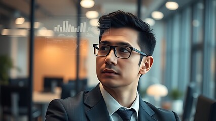 Professional viewing abstract data visualization in contemporary workspace.