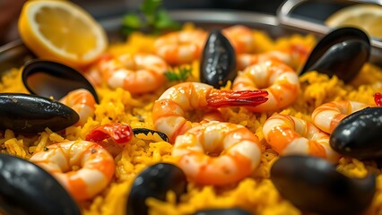 Close-up of traditional Spanish seafood paella with shrimp and mussels.