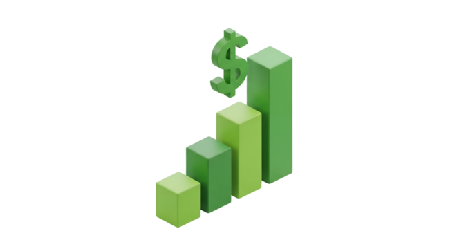 3d icon of isometric dollar sign on a rising bar graph, representing financial growth and success