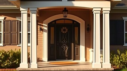 Charming covered porch entrance with a decorative front door.