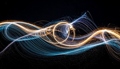 Swirling lights dance across a black canvas, tracing ethereal paths with blue and golden hues