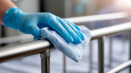 Person in Gloved Hands Wiping Down Hospital Bed Rail with Disinfectant Cloth for Infection Control and Cleanliness