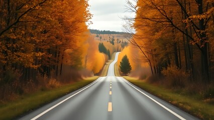 A scenic autumn road through the Swedish countryside with colorful fall foliage.