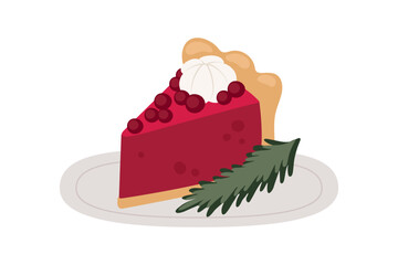 Christmas Berry Pie Slice with Whipped Cream and Pine Sprig. Festive Holiday Dessert