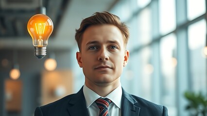 Business professional with lightbulb idea in modern office.