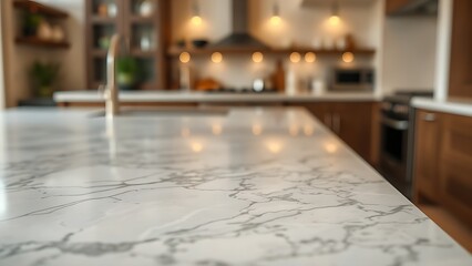 Close-up of marble table top with elegant veining patterns on kitchen island surface.