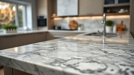 Close-up of a marble stone countertop, showing its detailed texture.